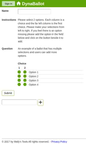 An example of a ballot that has multiple selections and users can add more options.